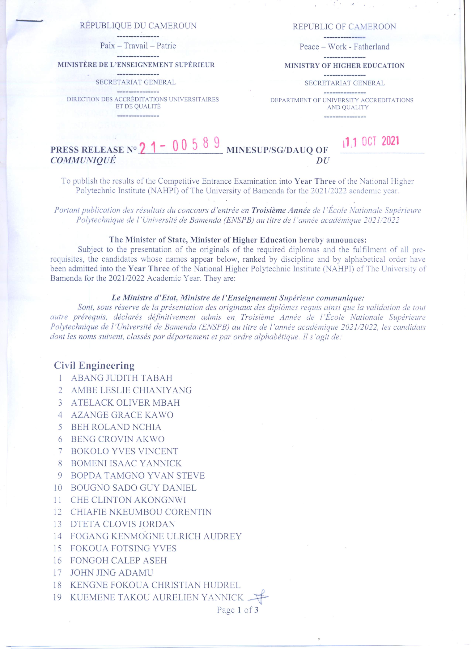 RESULTS OF THE YEAR THREE COMPETITIVE ENTRANCE EXAMINATION INTO NAHPI